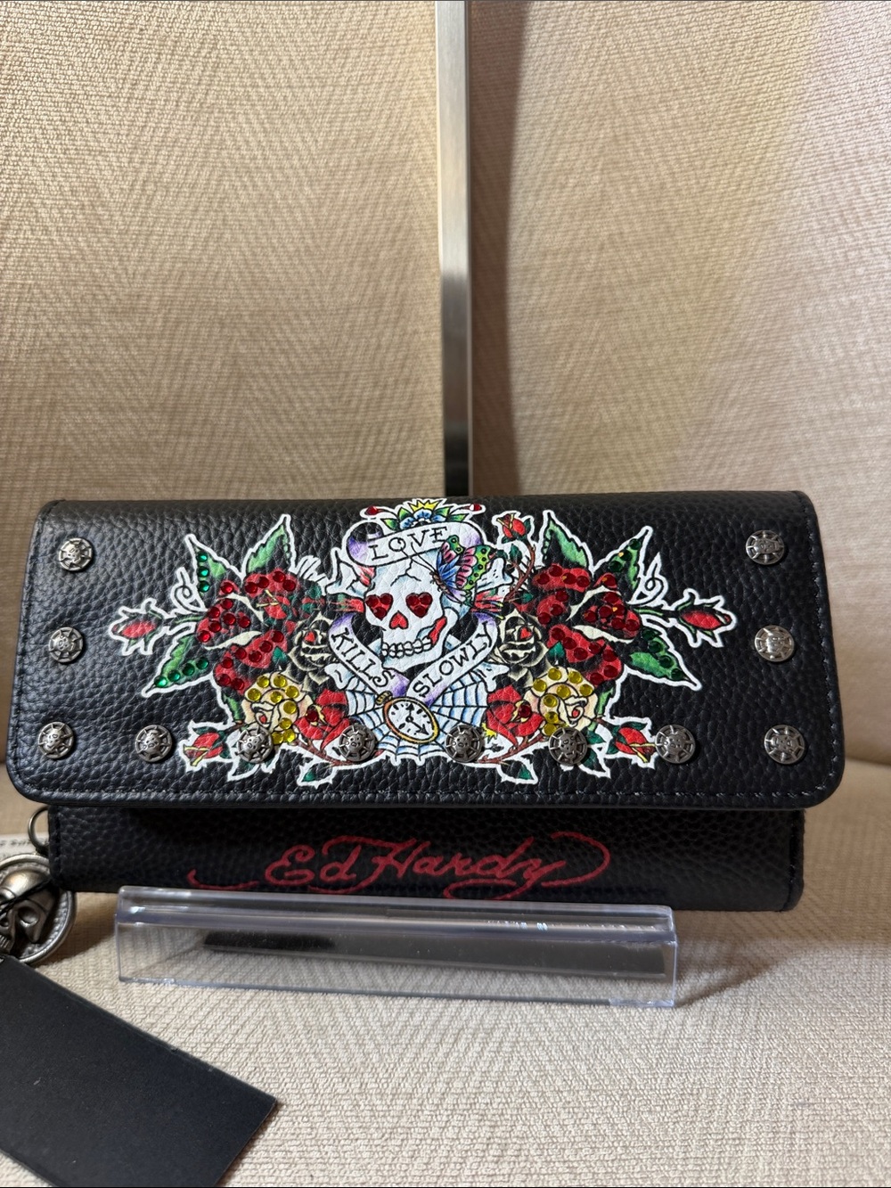 Ed Hardy Black Floral Skull Studded Wallet with Red Accents